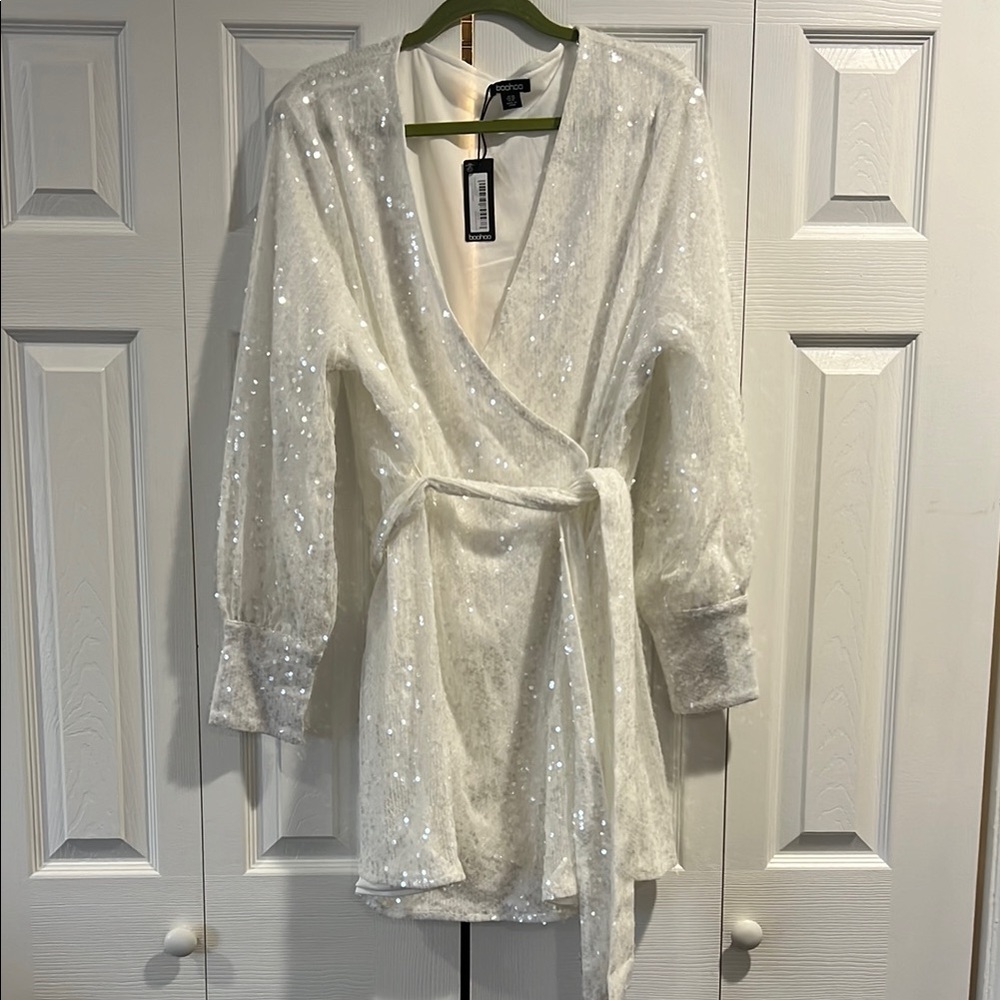 Elegant White Sequin Wrap Dress